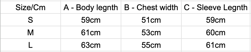 PROJECT DOSE - Purple Knit Zip-Up - Project Dose Size Chart